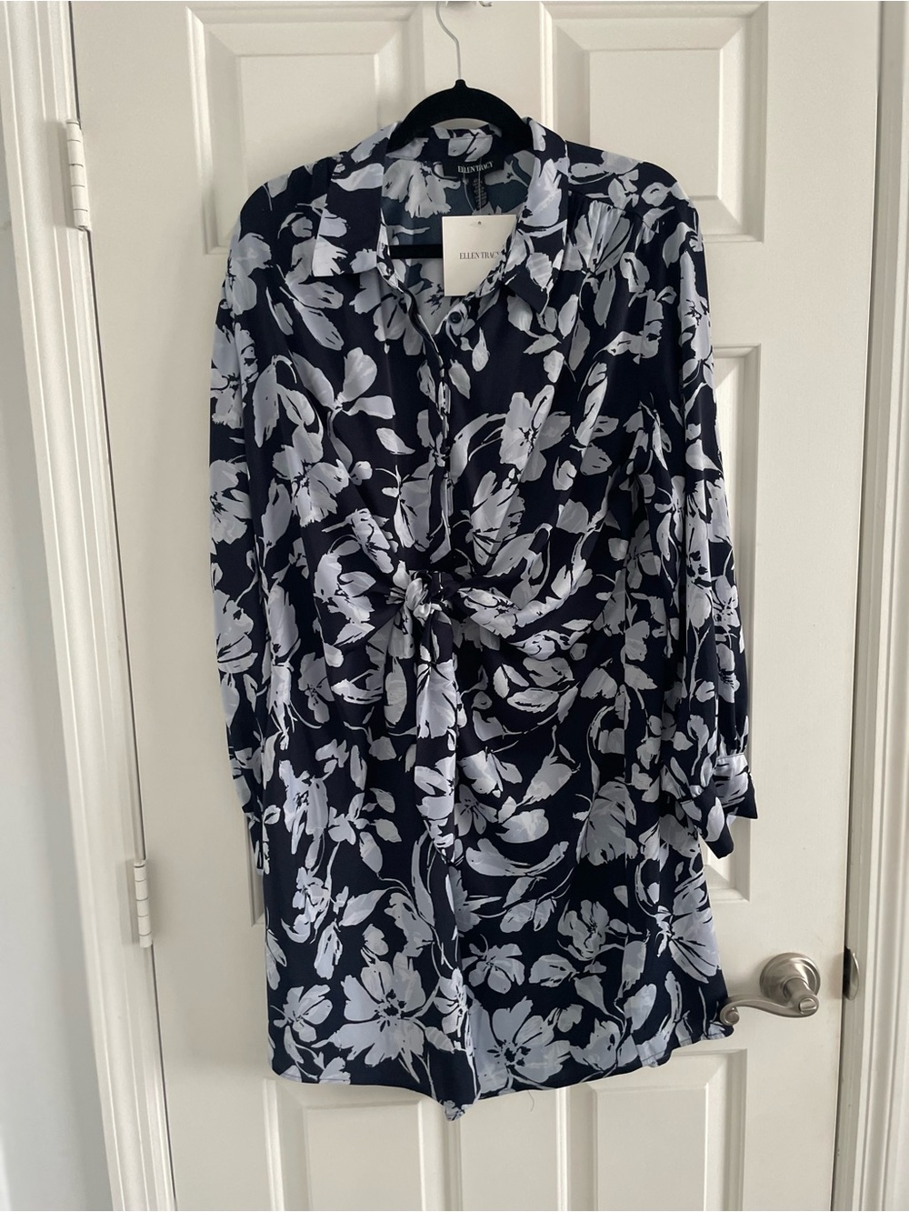Ellen Tracy Navy and muted blue Floral Tie-Front Dress